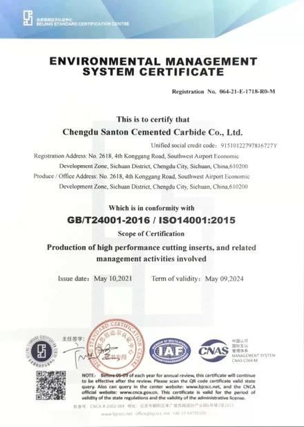 Çin Chengdu Santon Cemented Carbide Co., Ltd Sertifikalar