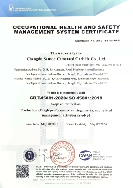 Çin Chengdu Santon Cemented Carbide Co., Ltd Sertifikalar